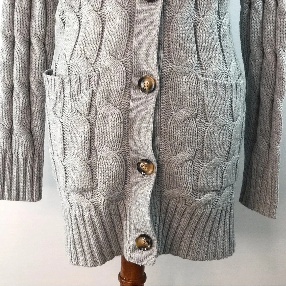 Women's Grey V-Neck Pocket Cable Knit Long Cardigan Button Down Sweater Size XXL